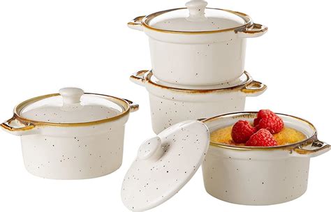 ONEMORE Ceramic Ramekins with Lids - 6oz, Set of 4 - Oven Safe Small Casserole Dish with Handles ...