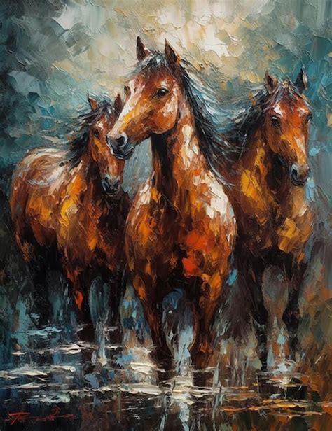 Premium Photo | Painting of three horses running in the water with a sky background generative ai