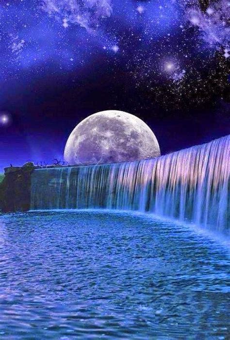 Night time waterfall | Beautiful moon, Moon pictures, Waterfall