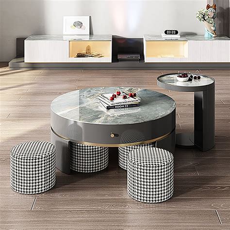 Round Stone Top Coffee Table 3-Piece Set with 2 Drawers & 1 Stool in Black