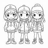 Desenho De Três Garotas Vestindo Jaquetas E Chapéus Para Colorir Página  sketch template