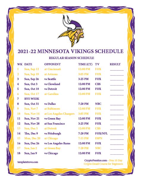 Printable 2021-2022 Minnesota Vikings Schedule