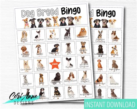 Dog Breed Bingo Game 15 Cards Birthday Party Puppy Printable | Etsy