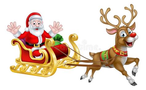 Christmas Cartoon Santa and Reindeer Sleigh Stock Vector - Illustration ...