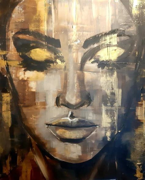an abstract painting of a woman's face with eyes closed and gold paint on it