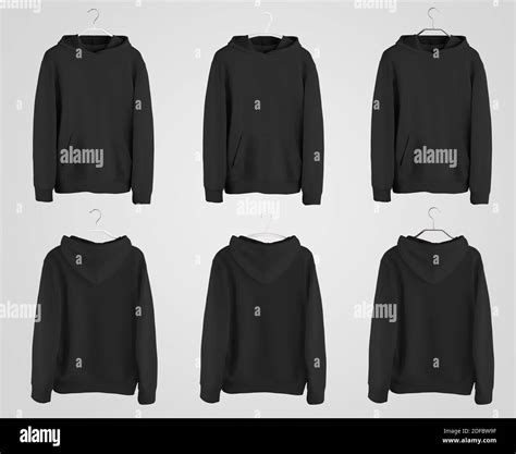 Black hoodie mockup on plastic, metal hanger, blank sportswear with ...