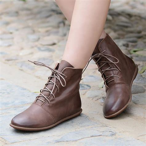 Oxfords For Women Lace Up Flat Sole Ankle Boots Handmade Waxing Leather Martin Boots Black/Brown ...