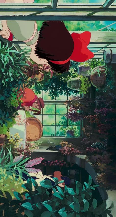 an anime scene with plants and flowers in the foreground, one red bird ...