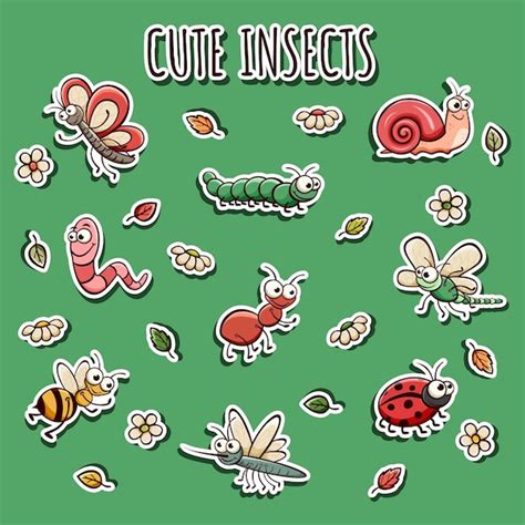 Premium Vector | Hand drawn stickers set of cute insects in doodle sketch style