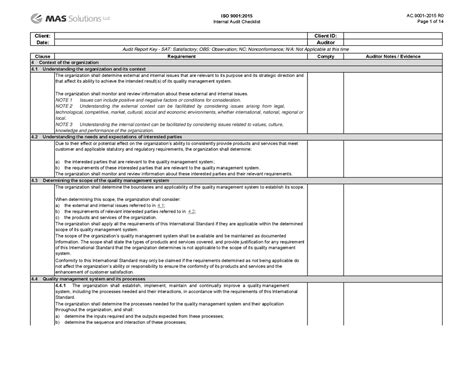 ISO 9001-2015 R0 Internal Audit Checklist.xlsx | Slides Quality Management | Docsity