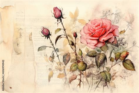 Botanical rose drawing in exotic vintage background style. Generative ...