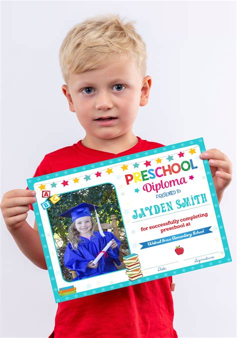Editable Preschool Diploma with Picture, Blue Border Star Preschool Di — Posh Park