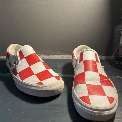 oversized red checkerboard vans barely worn slight... - Depop