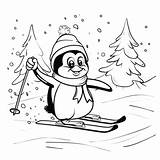 Cartoon Penguin Skiing In The Snow Land Coloring Book Or Page Mascot  sketch template
