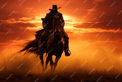 Premium AI Image | Cowboy riding horse at sunset