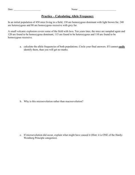 5 evolution allele frequency calculation practice handout