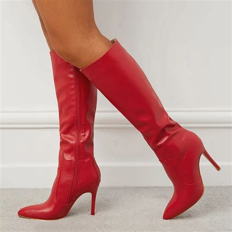 2023 NEW Spring Red Leather Long Boots Women Fashion Design Pointed Toe Zip Thin High Heels ...