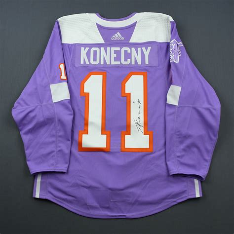 Lot Detail - Travis Konecny - Philadelphia Flyers - 2018 Hockey Fights Cancer - Warmup-Worn ...