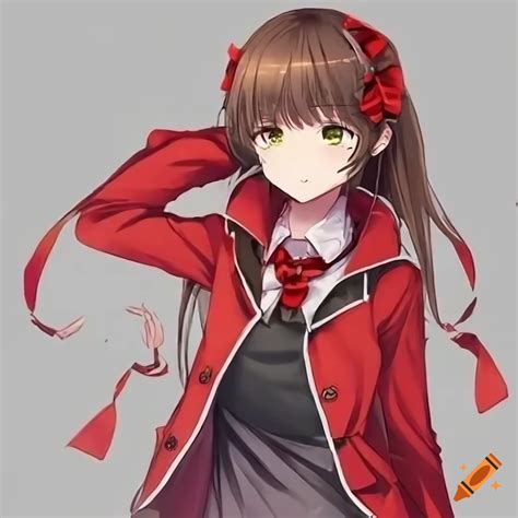 Anime girl with brown hair, amber eyes, wears a red jacket and red bow headband on Craiyon