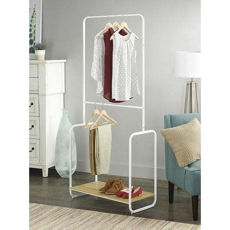 Whitmor Retro 2-Rod Garment Rack - White with Wood Shelf - 15.75" x 31.5" x 72.0" - Walmart.com