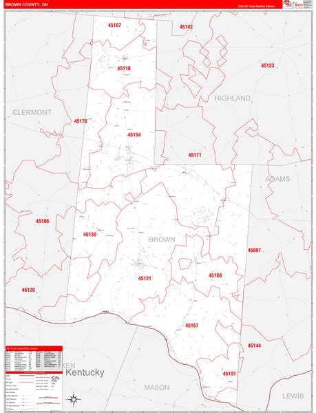 Brown County, OH Zip Code Wall Map Red Line Style by MarketMAPS - MapSales