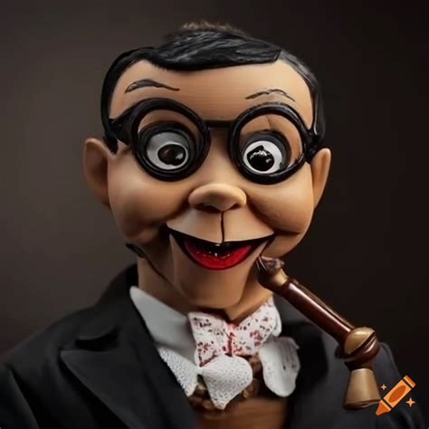 Intricately detailed, worn ventriloquist dummy of rishi sunak on a stage in dimly lit room on ...