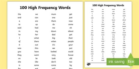 100 of the Most Used Words in English - High Frequency Words