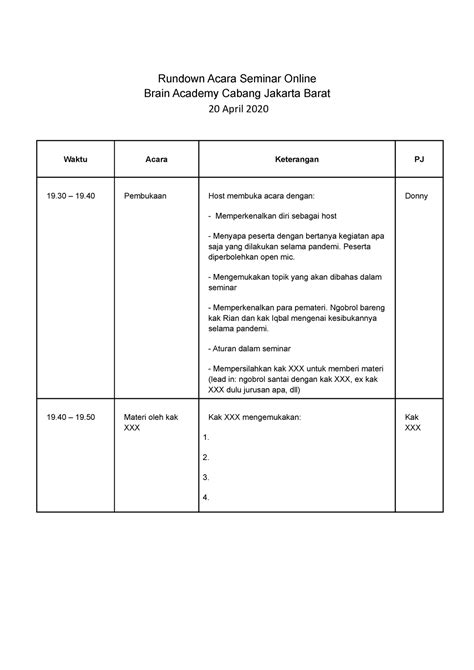 Contoh Format Rundown Acara