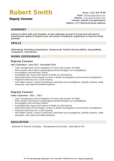 Deputy Coroner Resume Samples | QwikResume