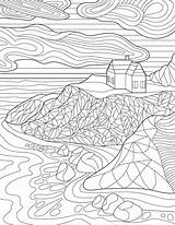 Coloring Page With Detailed House On Hill Clouds Rocks And Ocean  sketch template