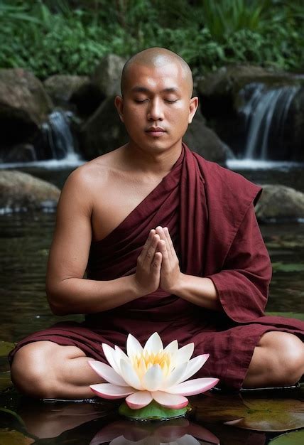 A monk sits in front of a waterfall and meditating | Premium AI ...