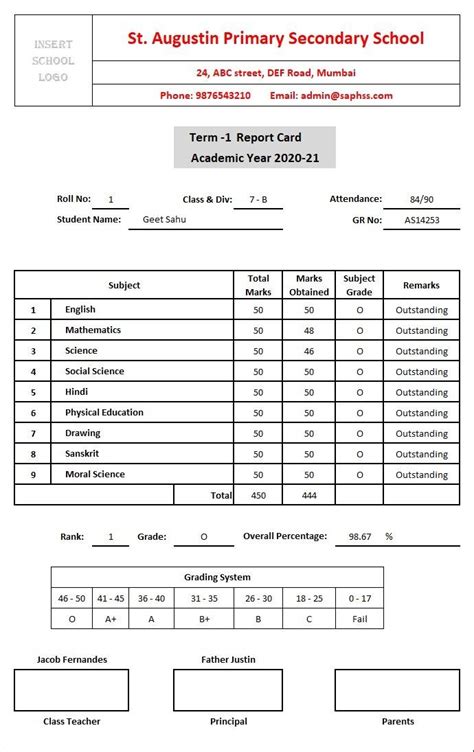 School Report Card And Mark Sheet Excel Template - MSOfficeGeek