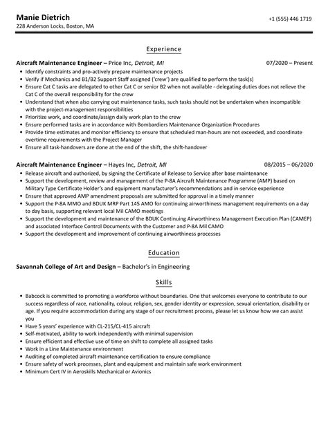 Aircraft Maintenance Engineer Resume Samples | Velvet Jobs