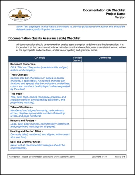 SDLCforms Documentation QA Checklist Template