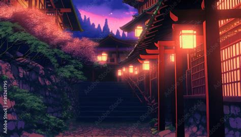 landscape traditional japanese temple and houses anime background ...