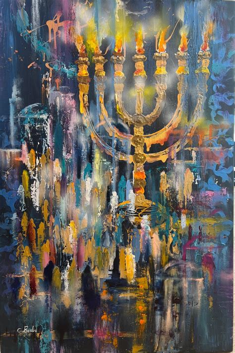 Chaya Berlin - Impressive Menorah Jewish colourful oil canvas abstract ...