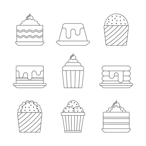 Desserts set, cake, pudding, ice cream. Vector illustration simple line ...