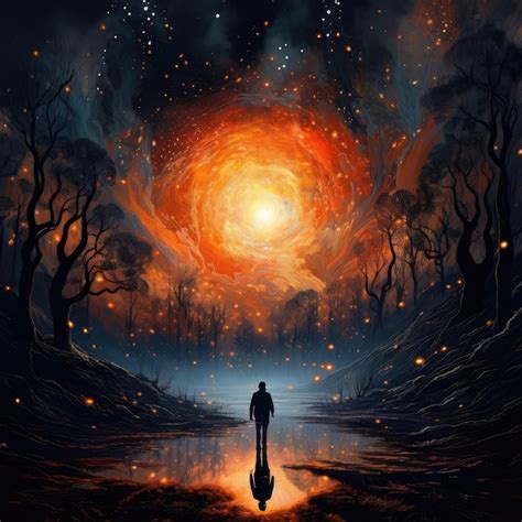 Premium AI Image | a man walks in a dark forest with a glowing sun ...