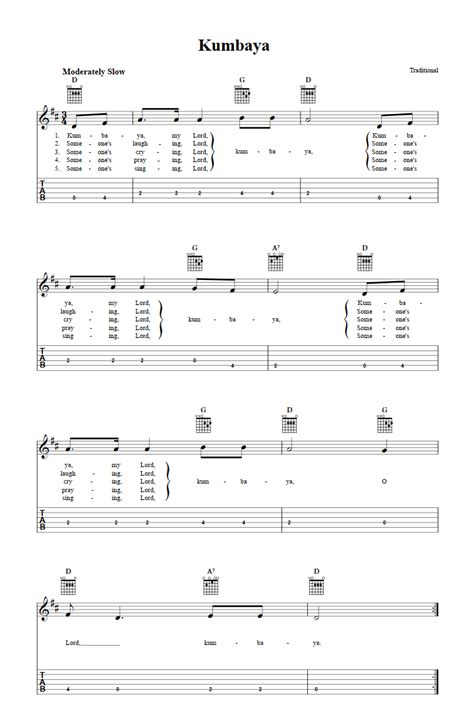 Kumbaya - Easy Guitalele Sheet Music and Tab with Chords and Lyrics