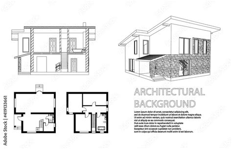 Perspective 3D, floor plan and cross section suburban house. Drawing of ...