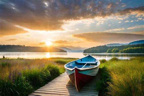 Premium AI Image | a boat on a wooden bridge at sunset