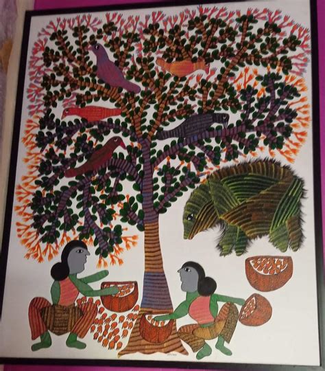 Worship of Mahua Tree - Gond Painting (36" x 36") - International ...