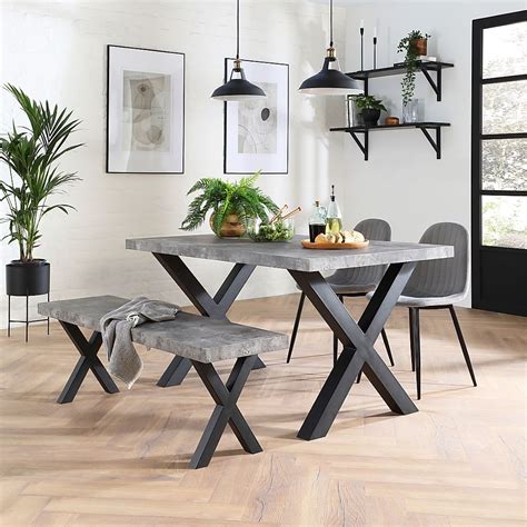 Franklin Industrial Dining Table, Bench & 2 Brooklyn Chairs, Grey Concrete Effect & Black Steel ...