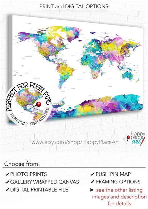 World Map Wall Art Mark Travels With Pins World Map Print or | Etsy