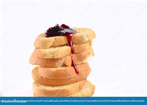 Stack of Wheat Rusks with Jam Isolated on White Background Stock Photo ...