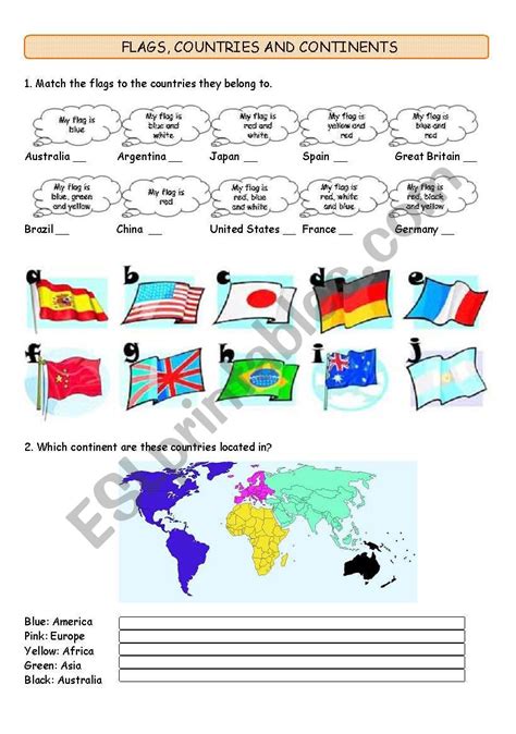 Flags, countries and continents - ESL worksheet by selyta