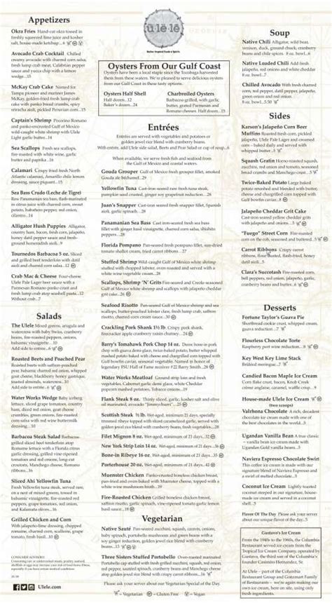 Ulele menu in Tampa, Florida, USA