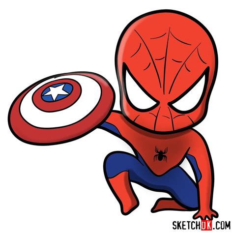 How to draw chibi Spider-Man with Cap's shield - Sketchok easy drawing guides