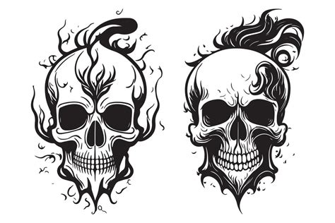 Skull with fire and smoke effect simple tattoo design black outline vector on white background ...