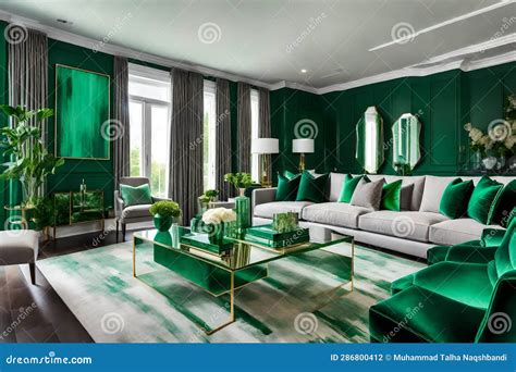 Beautiful Emerald Green and Grey Living Room Interior - AI Generated Stock Illustration ...